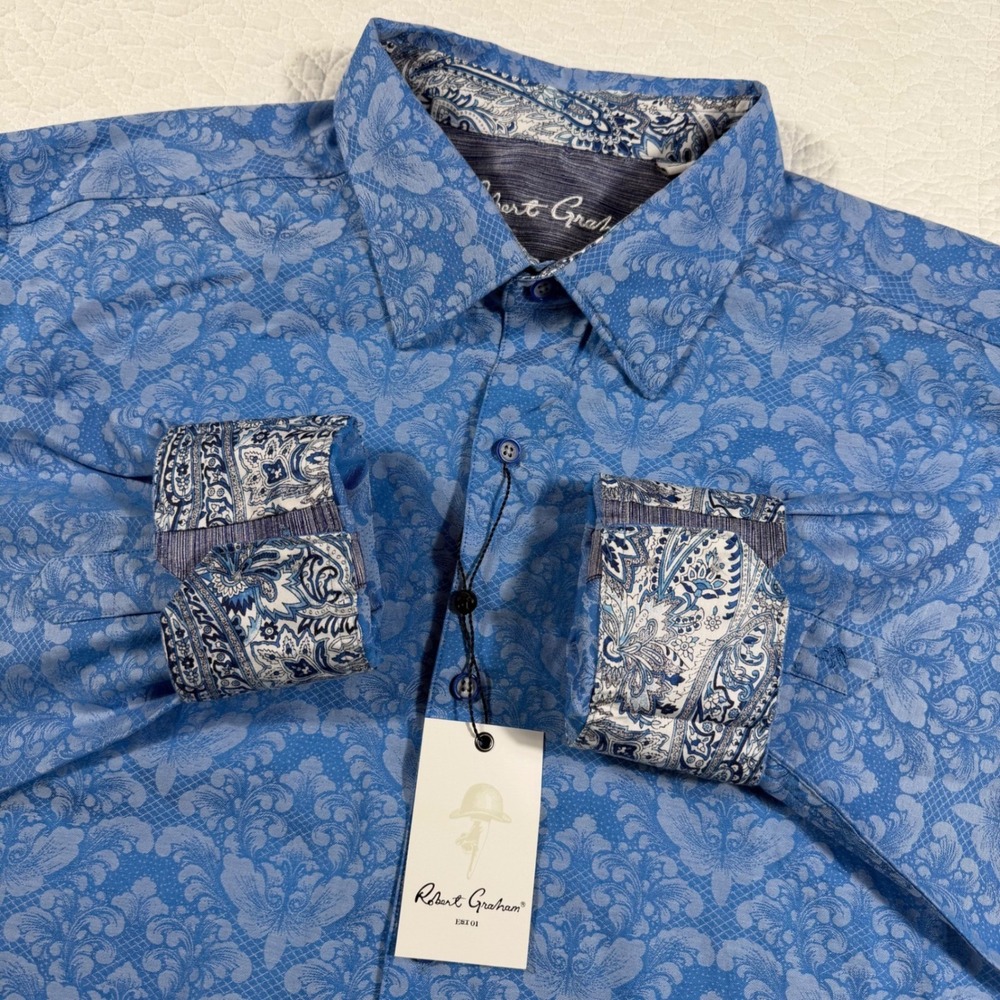 NWT Robert Graham Bayview Light Blue‎ Damask Jacquard Shirt 3XL Flip Cuff